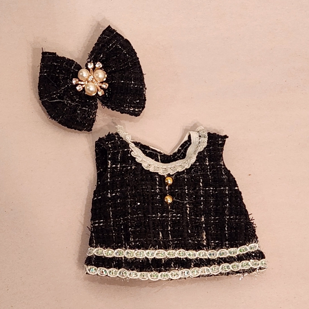 Black Tweed Labubu Dress with Bow